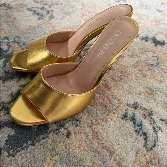 Gold Metallic Open-Toe Mule Heels - Picture 2 of 3